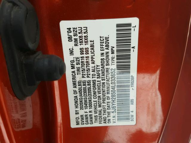 5J6YH28504L033652 - 2004 HONDA ELEMENT EX ORANGE photo 10