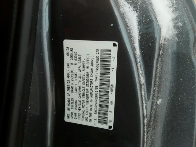 1HGCS22848A015159 - 2008 HONDA ACCORD EXL GRAY photo 10