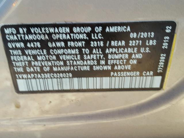 1VWAP7A33EC026029 - 2014 VOLKSWAGEN PASSAT S SILVER photo 10