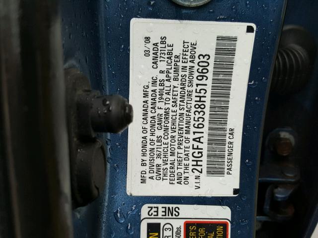 2HGFA16538H519603 - 2008 HONDA CIVIC LX BLUE photo 10