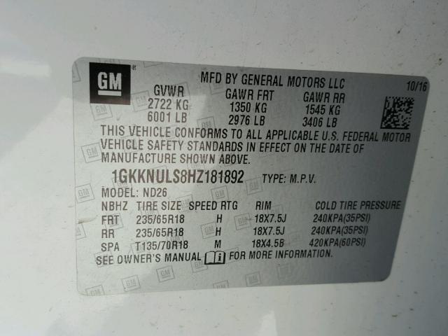 1GKKNULS8HZ181892 - 2017 GMC ACADIA SLT თეთრი ფოტო 10