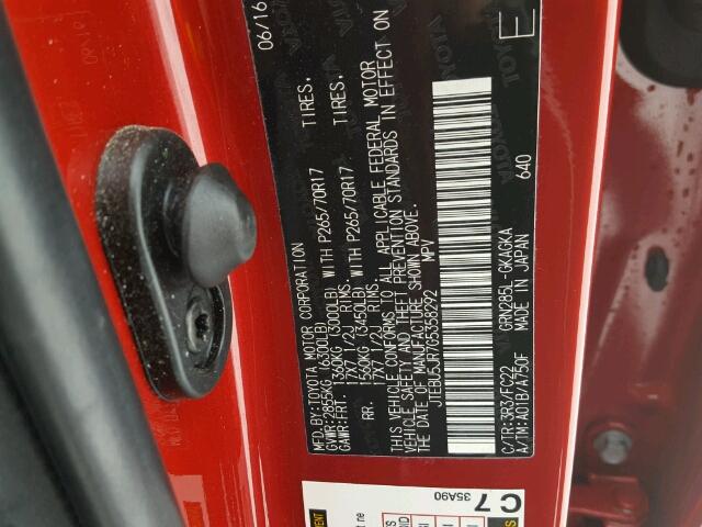 JTEBU5JR7G5358292 - 2016 TOYOTA 4RUNNER SR RED photo 10