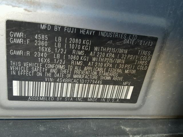 4S4BRCAC1D1279446 - 2013 SUBARU OUTBACK 2. SILVER photo 10