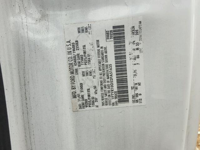 1FTYR10D52PA51635 - 2002 FORD RANGER WHITE photo 10