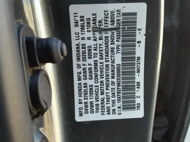 19XFB2F98CE000653 - 2012 HONDA CIVIC EXL GRAY photo 10