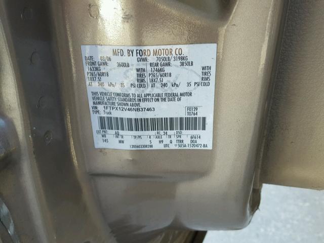 1FTPX12V46NB37463 - 2006 FORD F150 GOLD photo 10