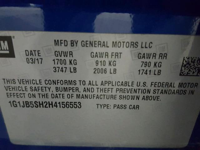 1G1JB5SH2H4156553 - 2017 CHEVROLET SONIC LS 蓝色 照片 10