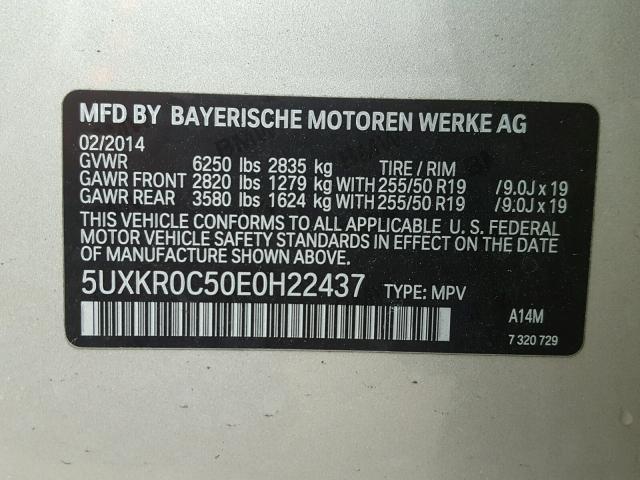 5UXKR0C50E0H22437 - 2014 BMW X5 XDRIVE3 SILVER photo 10