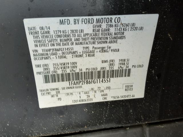 1FAHP2F86FG114551 - 2015 FORD TAURUS LIM BLACK photo 10