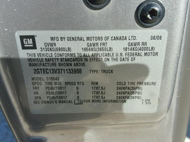 2GTEC13V371133988 - 2007 GMC NEW SIERRA GRAY photo 10