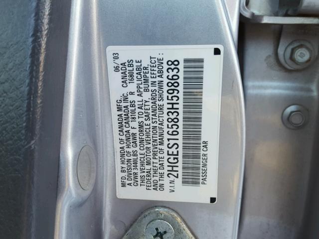 2HGES16583H598638 - 2003 HONDA CIVIC LX SILVER photo 10