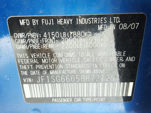 JF1SG66658H721291 - 2008 SUBARU FORESTER S 蓝色 照片 10