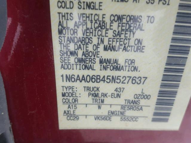 1N6AA06B45N527637 - 2005 NISSAN TITAN XE RED photo 10