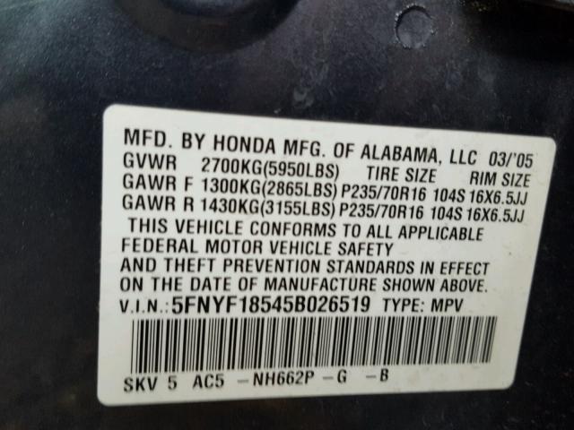 5FNYF18545B026519 - 2005 HONDA PILOT EXL GRAY photo 10