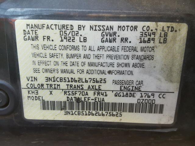 3N1CB51D62L675625 - 2002 NISSAN SENTRA XE BLACK photo 10