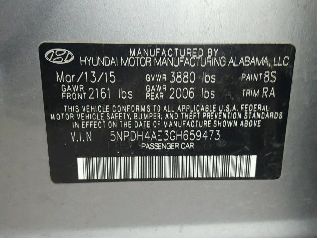 5NPDH4AE3GH659473 - 2016 HYUNDAI ELANTRA SE GRAY photo 10