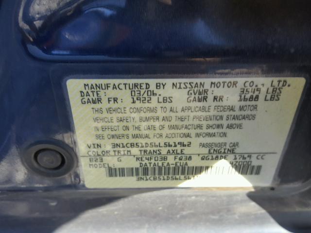 3N1CB51D56L561962 - 2006 NISSAN SENTRA 1.8 BLUE photo 10