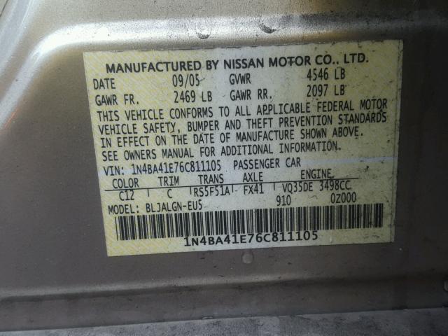 1N4BA41E76C811105 - 2006 NISSAN MAXIMA SE GOLD photo 10