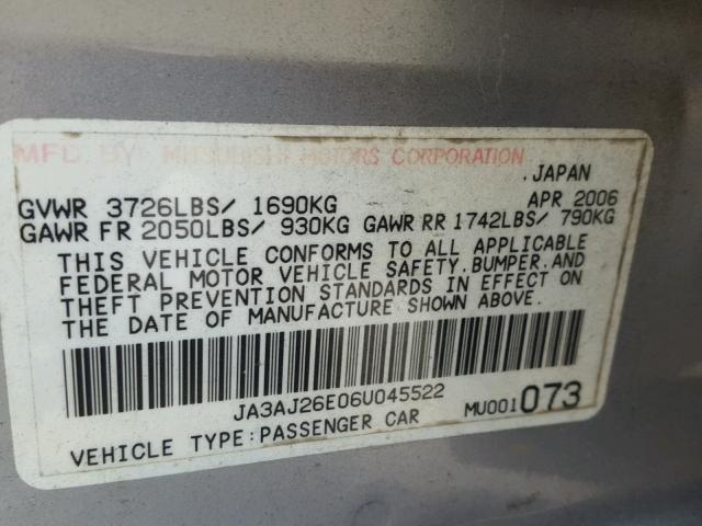 JA3AJ26E06U045522 - 2006 MITSUBISHI LANCER ES SILVER photo 10