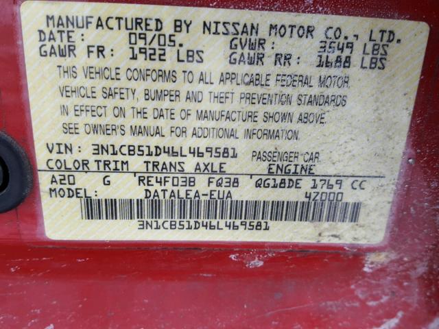 3N1CB51D46L469581 - 2006 NISSAN SENTRA 1.8 RED photo 10