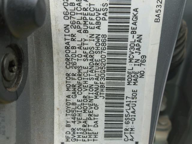 JTHBF30G520076868 - 2002 LEXUS ES 300 GRAY photo 10