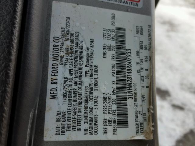 3LNHM28T48R607933 - 2008 LINCOLN MKZ GRAY photo 10