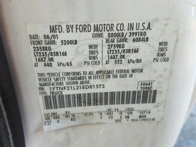 1FTNF21L21ED81573 - 2001 FORD F250 SUPER WHITE photo 10