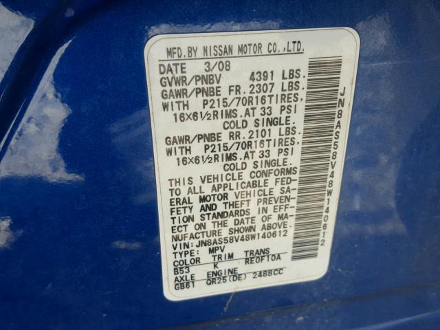 JN8AS58V48W140612 - 2008 NISSAN ROGUE S BLUE photo 10