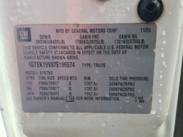 1GTEK19V97E186574 - 2007 GMC NEW SIERRA WHITE photo 10