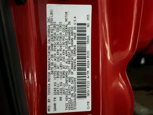 5TEUX42N79Z601285 - 2009 TOYOTA TACOMA ACC RED photo 10