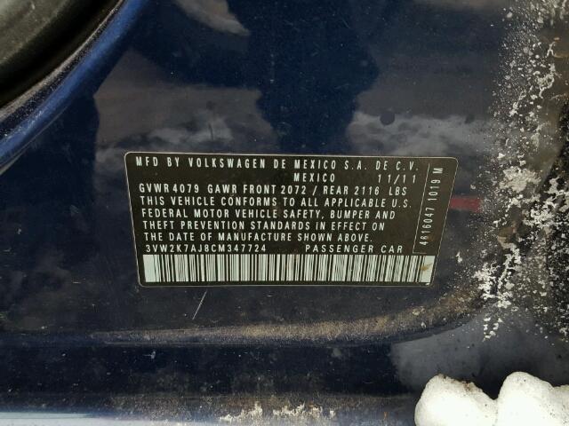 3VW2K7AJ8CM347724 - 2012 VOLKSWAGEN JETTA BASE 蓝色 照片 10