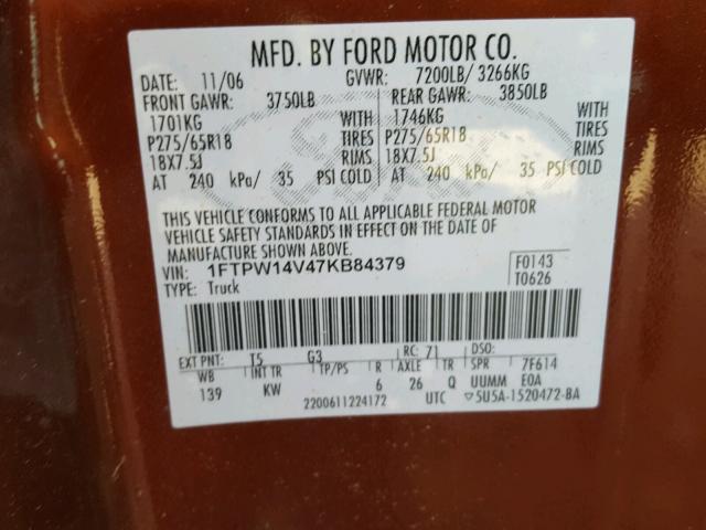 1FTPW14V47KB84379 - 2007 FORD F150 SUPER ORANGE photo 10