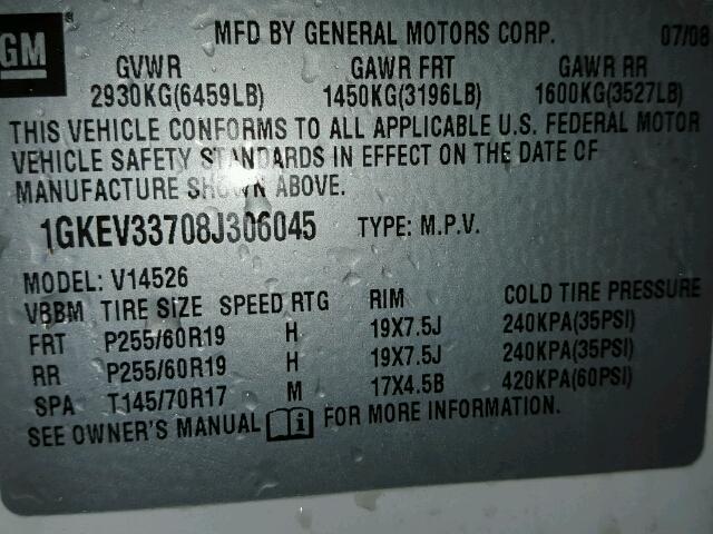 1GKEV33708J306045 - 2008 GMC ACADIA SLT თეთრი ფოტო 10