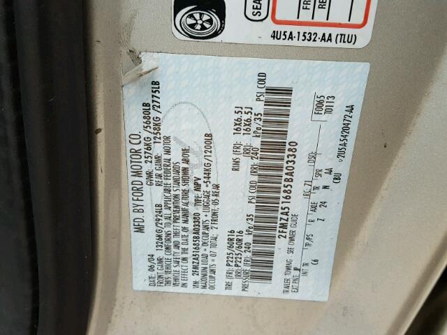 2FMZA51685BA03380 - 2005 FORD FREESTAR S SILVER photo 10