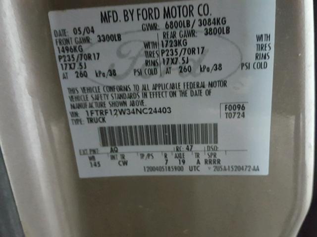 1FTRF12W34NC24403 - 2004 FORD F150 ბეჟი ფოტო 10