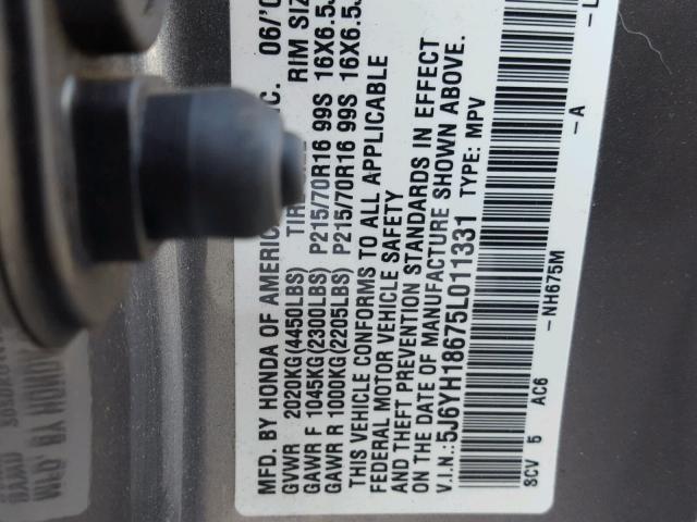 5J6YH18675L011331 - 2005 HONDA ELEMENT EX GRAY photo 10