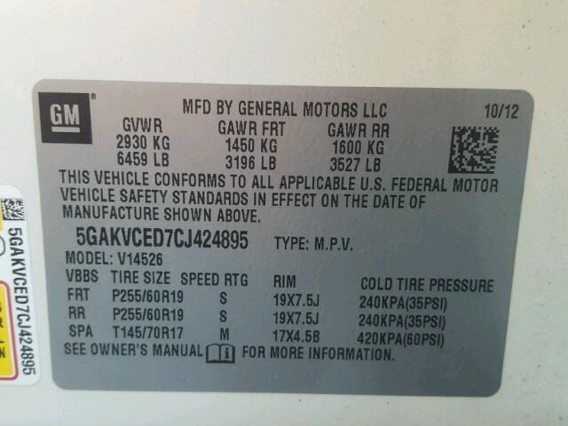 5GAKVCED7CJ424895 - 2012 BUICK ENCLAVE WHITE photo 10