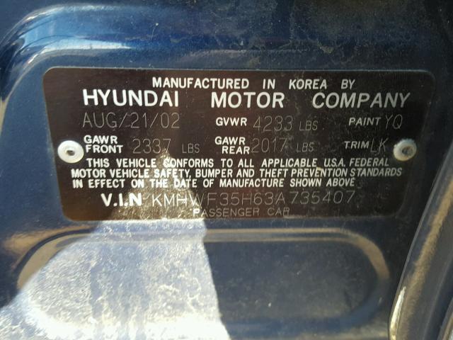 KMHWF35H63A735407 - 2003 HYUNDAI SONATA GLS BLUE photo 10