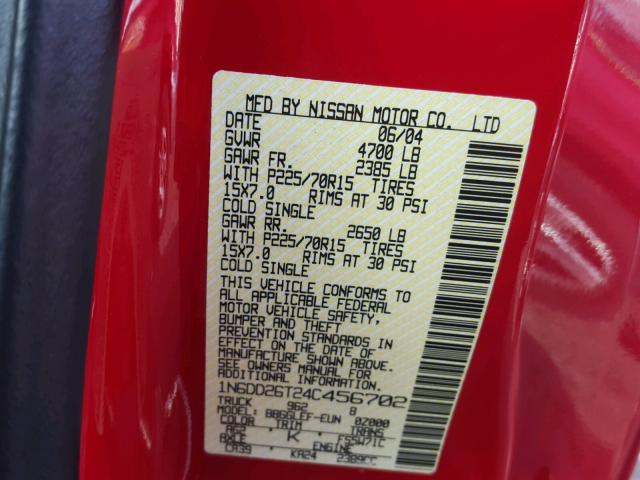 1N6DD26T24C456702 - 2004 NISSAN FRONTIER K RED photo 10