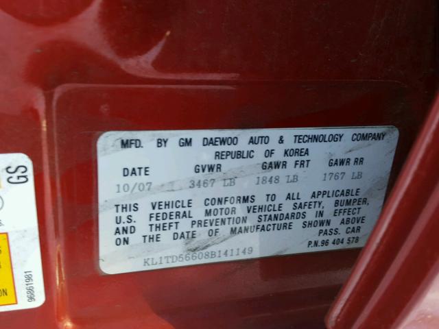 KL1TD56608B141149 - 2008 CHEVROLET AVEO BASE RED photo 10