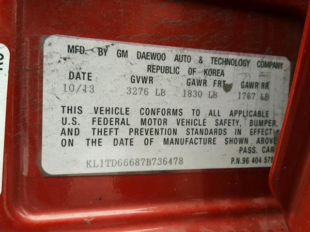 KL1TD66687B736478 - 2007 CHEVROLET AVEO BASE Qırmızı foto 10
