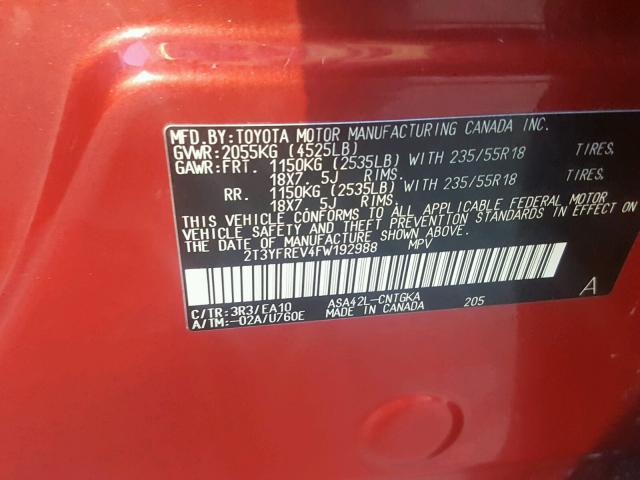 2T3YFREV4FW192988 - 2015 TOYOTA RAV4 LIMIT RED photo 10