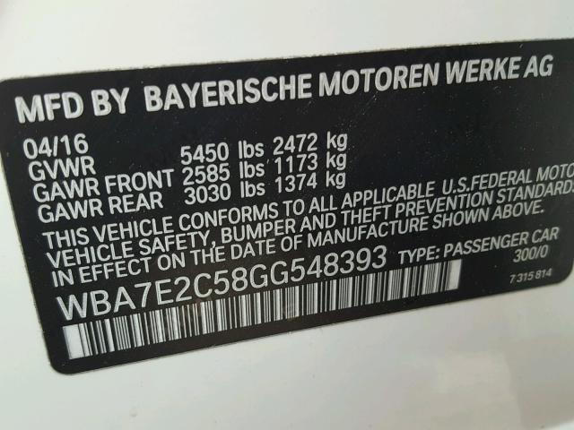 WBA7E2C58GG548393 - 2016 BMW 740 I WHITE photo 10