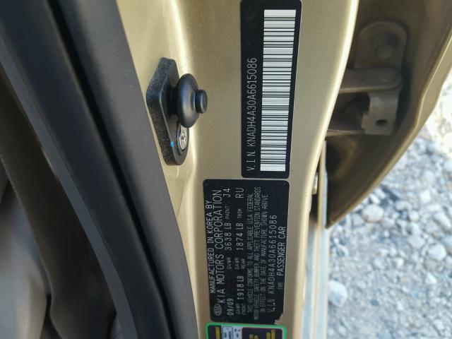 KNADH4A30A6615086 - 2010 KIA RIO LX GOLD photo 10