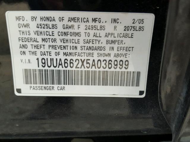 19UUA662X5A036999 - 2005 ACURA TL BLACK photo 10