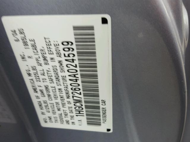 1HGCM72604A024599 - 2004 HONDA ACCORD EX SILVER photo 10