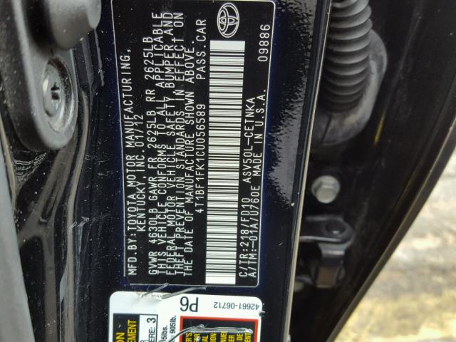 4T1BF1FK1CU056589 - 2012 TOYOTA CAMRY BASE BLACK photo 10