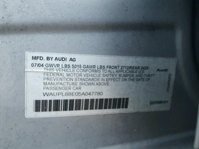 WAUPL68E05A047780 - 2005 AUDI S4 SILVER photo 10