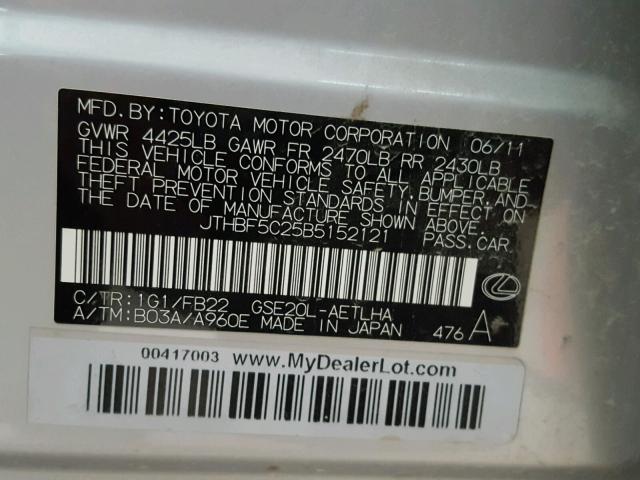 JTHBF5C25B5152121 - 2011 LEXUS IS 250 GRAY photo 10