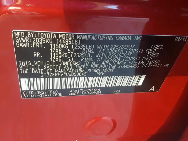 2T3ZFREV1DW053645 - 2013 TOYOTA RAV4 LE RED photo 10